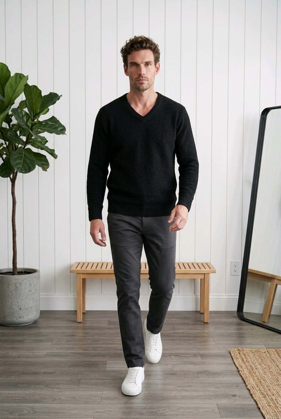 Black Extra Fine Merino Wool V-Neck Sweater L Quiet Luxury Minimalis Grandpacore